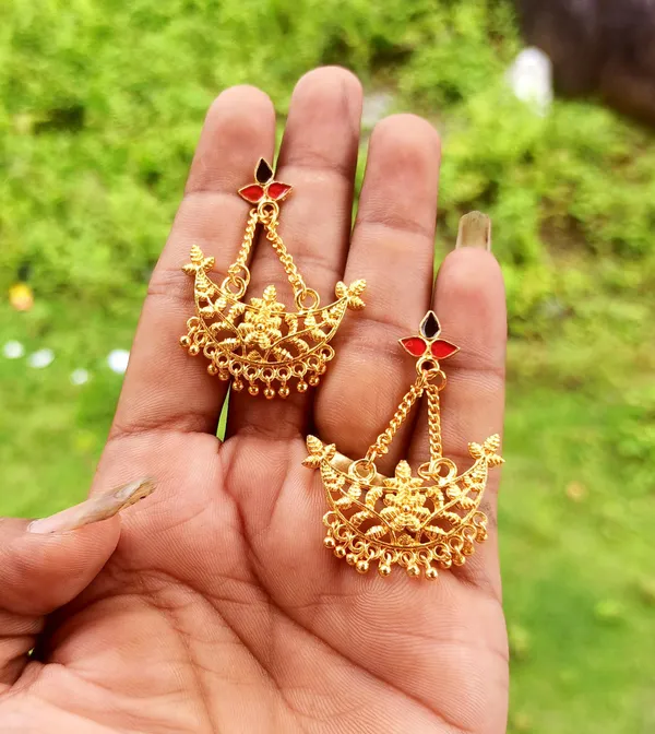 Assamese_Traditional_Copper_Gold_Plated_Red_Colour_Jhumki_Earring_For_Girls_&_Women
